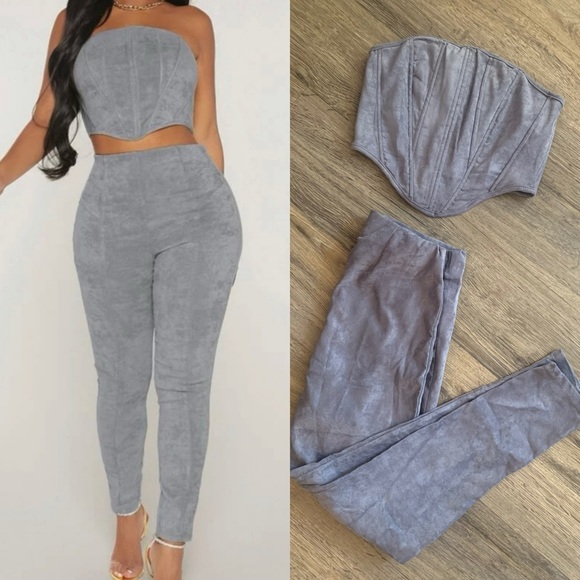 Grey Suede Corset Top & Leggings Set - Picture 1 of 9